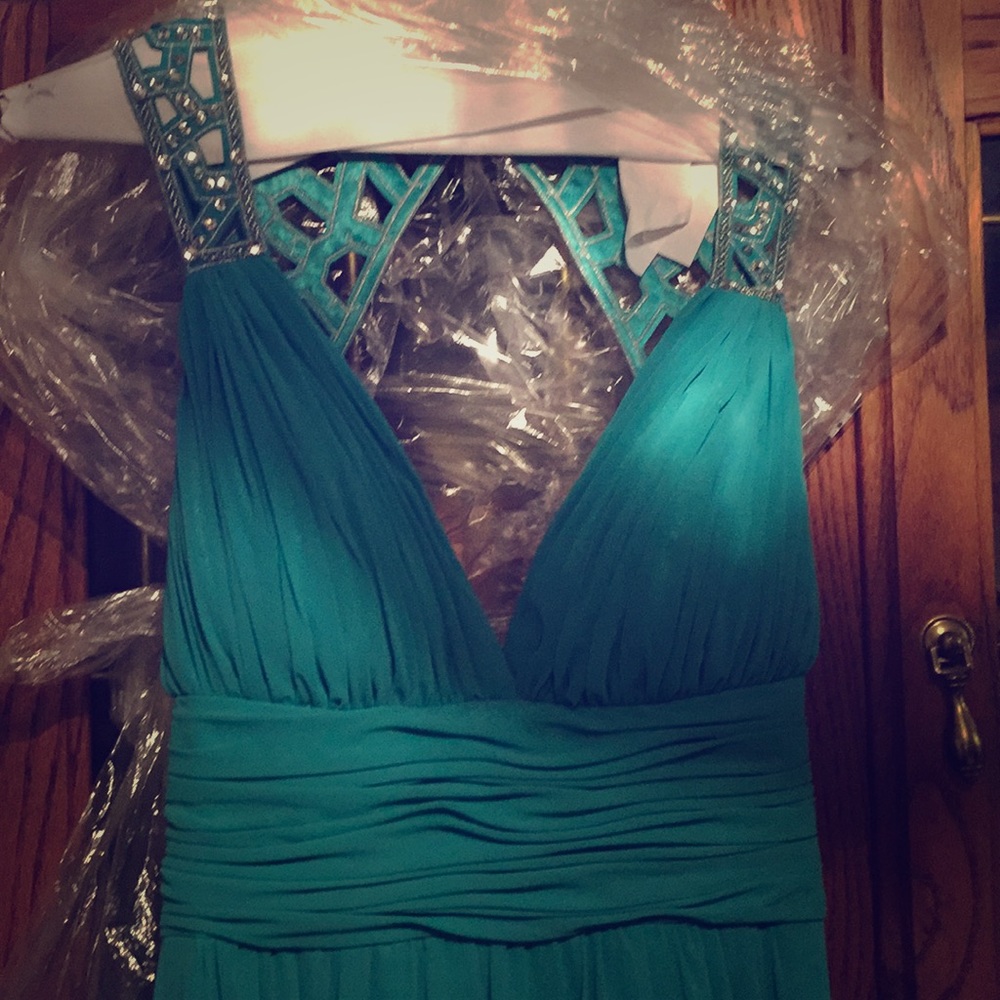 Blue green long formal gown open back